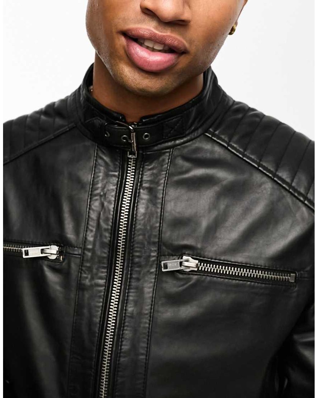 Barney's Originals Blue Real Leather Racing Jacket With Zip Pockets for men