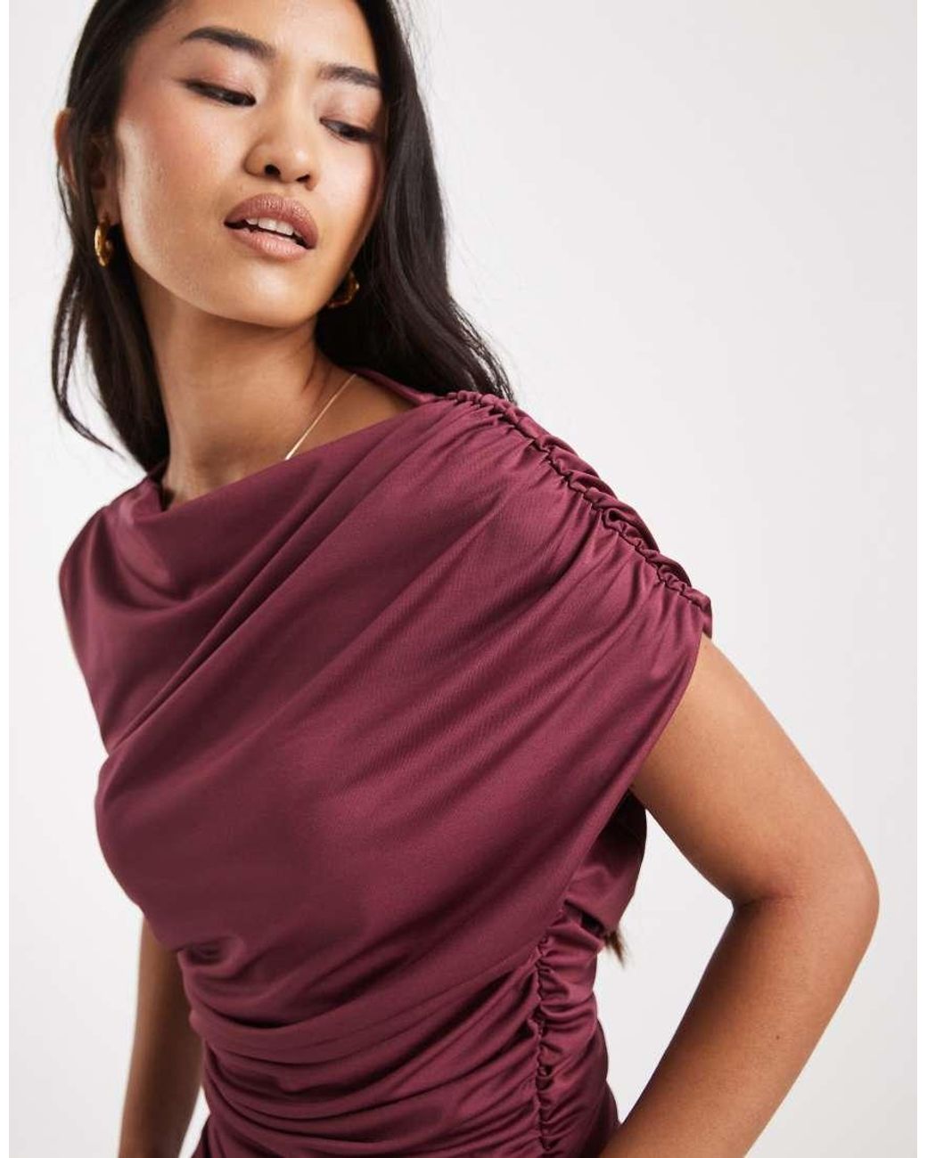 4th & Reckless Red Exclusive Double Laye Slinky Drape Off Shoulder Detail Sleeveless Maxi Dress