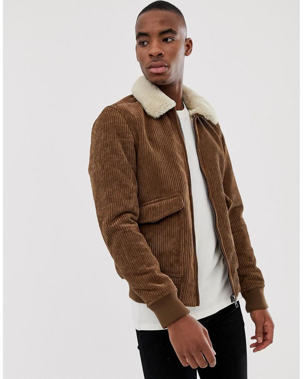Pull&Bear Cord Jacket With Faux Fur Collar in Brown for Men | Lyst