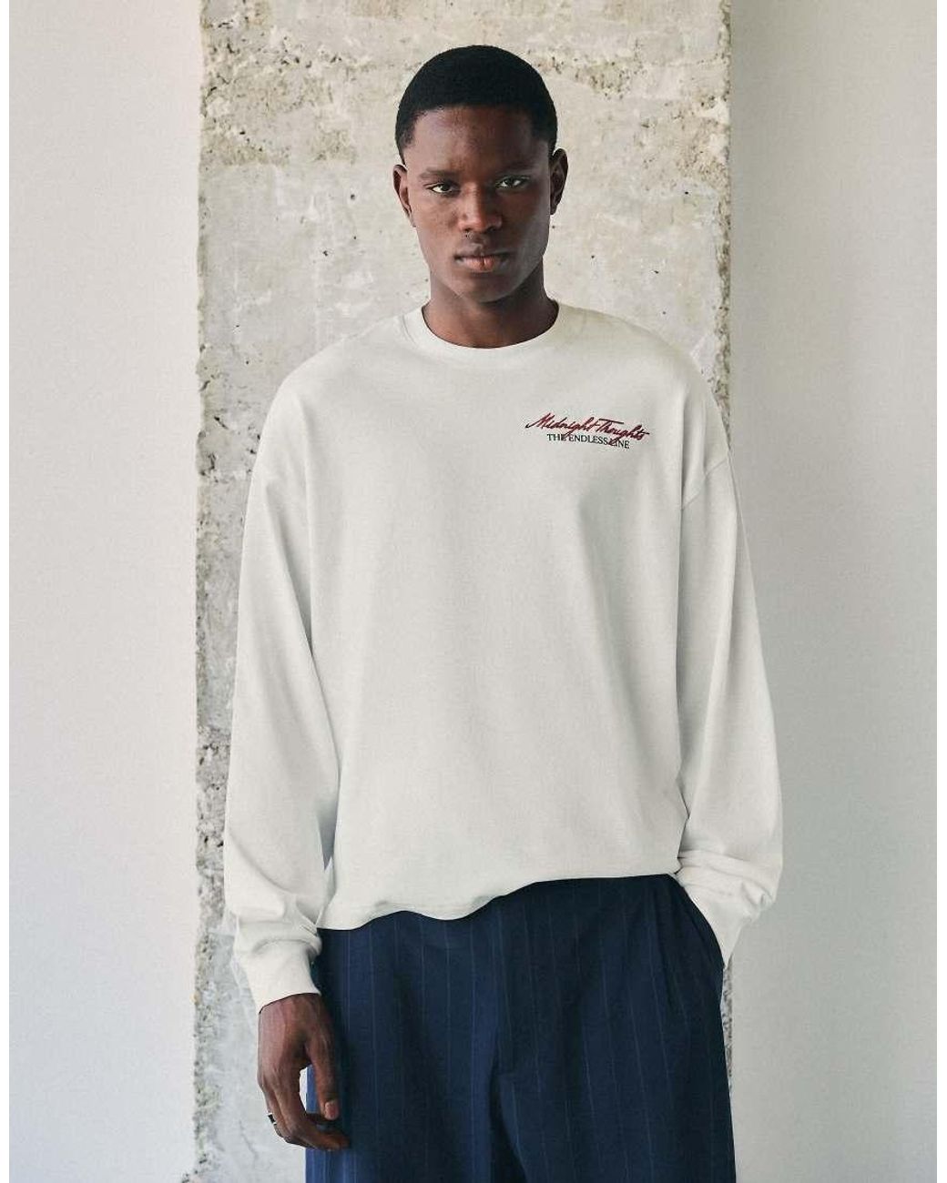 Bershka Gray Long Sleeve Print T-shirt for men
