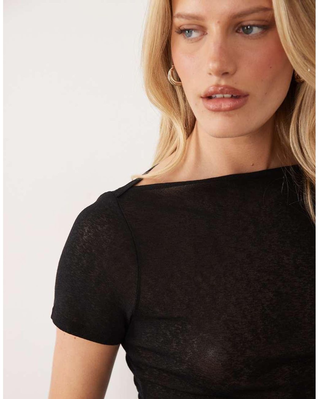 ASOS Black Textured Mesh Slash Neck Short Sleeve Top