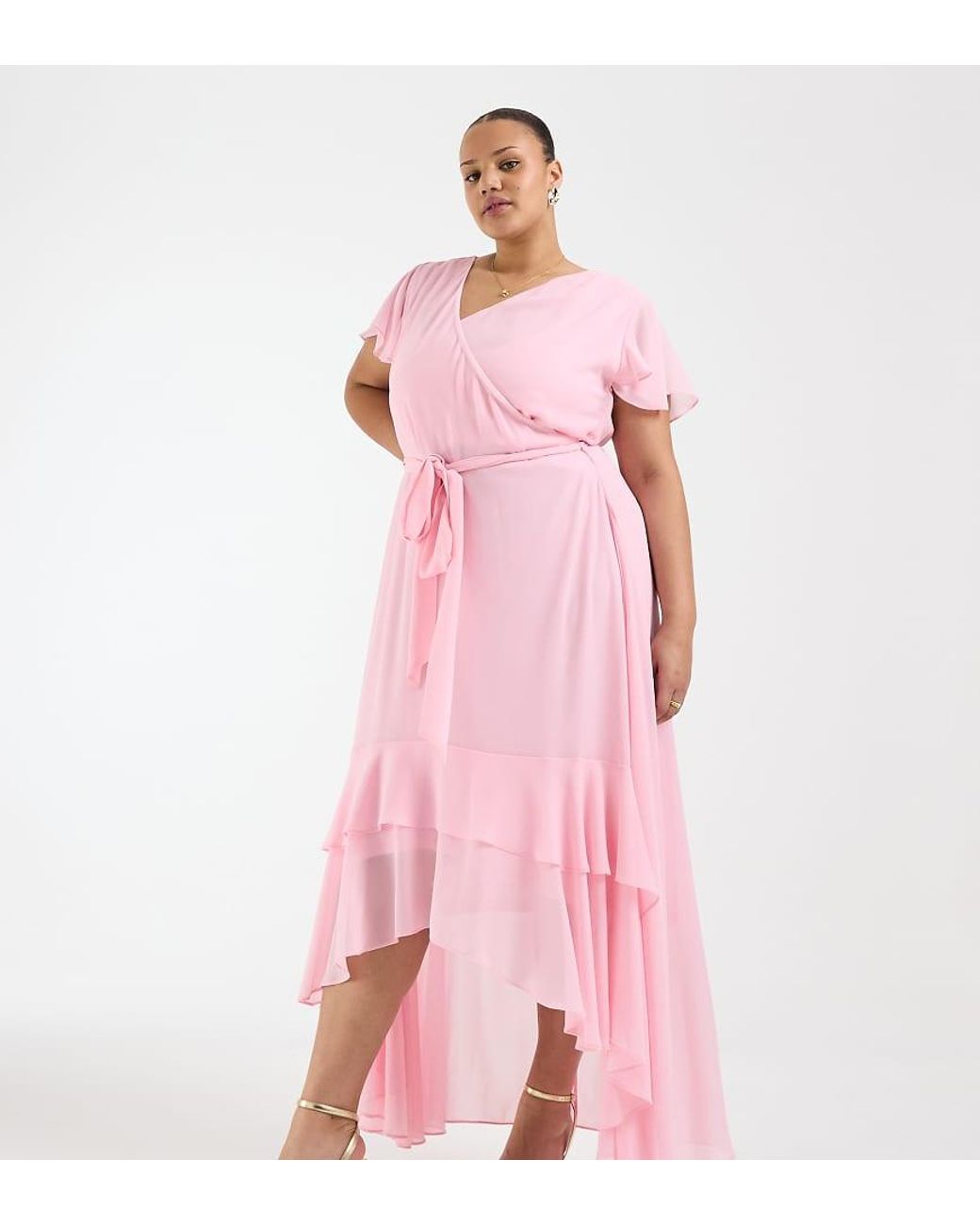 Tfnc Plus Pink Bridesmaids Hi-lo Frilly Chiffon Maxi Dress