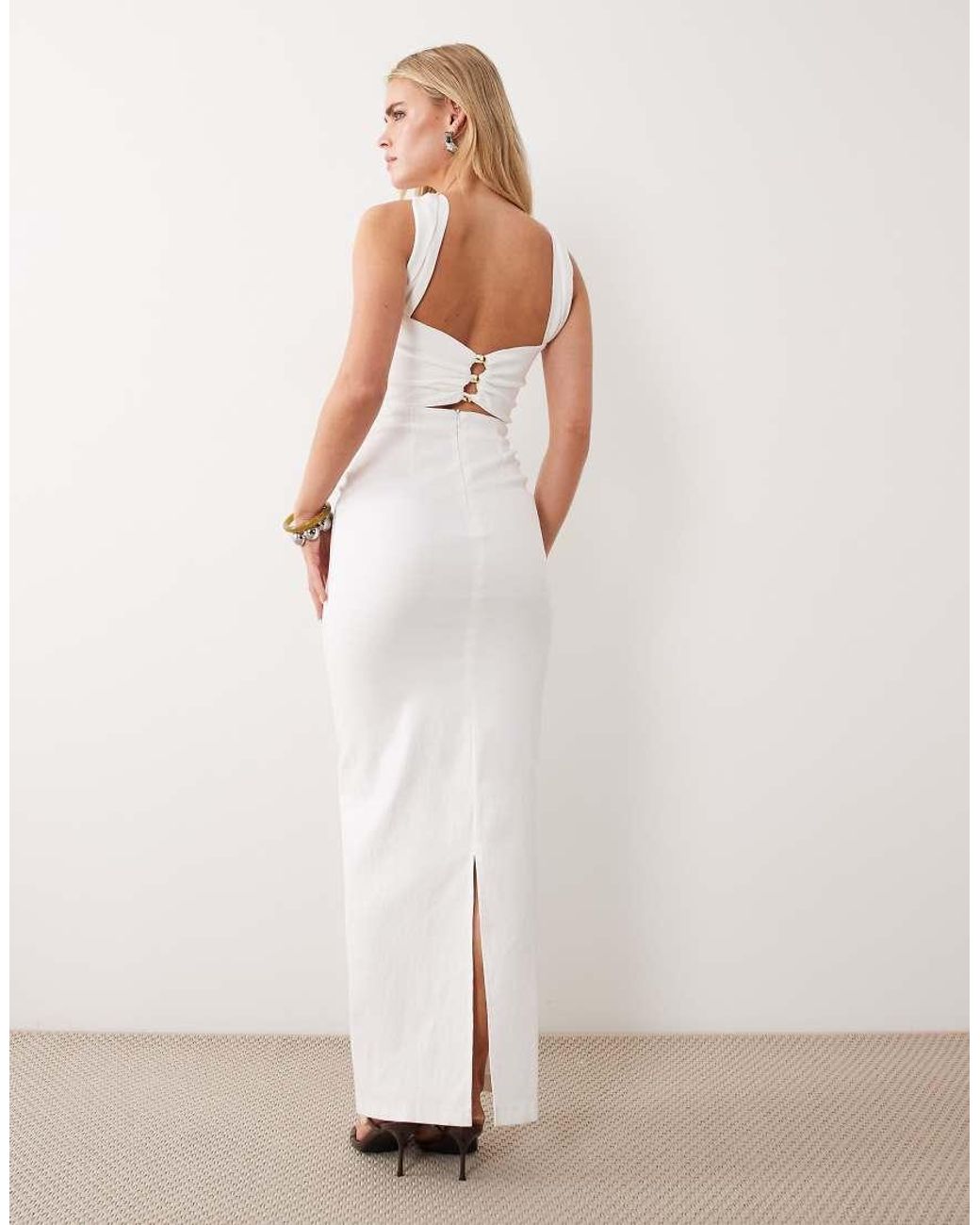 Vesper Petite White Bengaline Bandeau Choker Detail Back Trim Maxi Dress