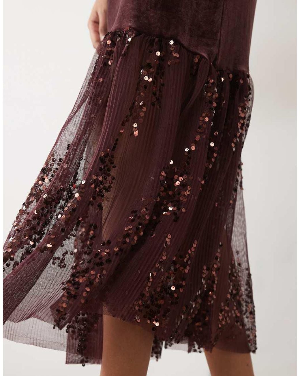 Y.A.S Brown Long Sleeve Velvet Maxi Dress With Asymetric Glitter Hem