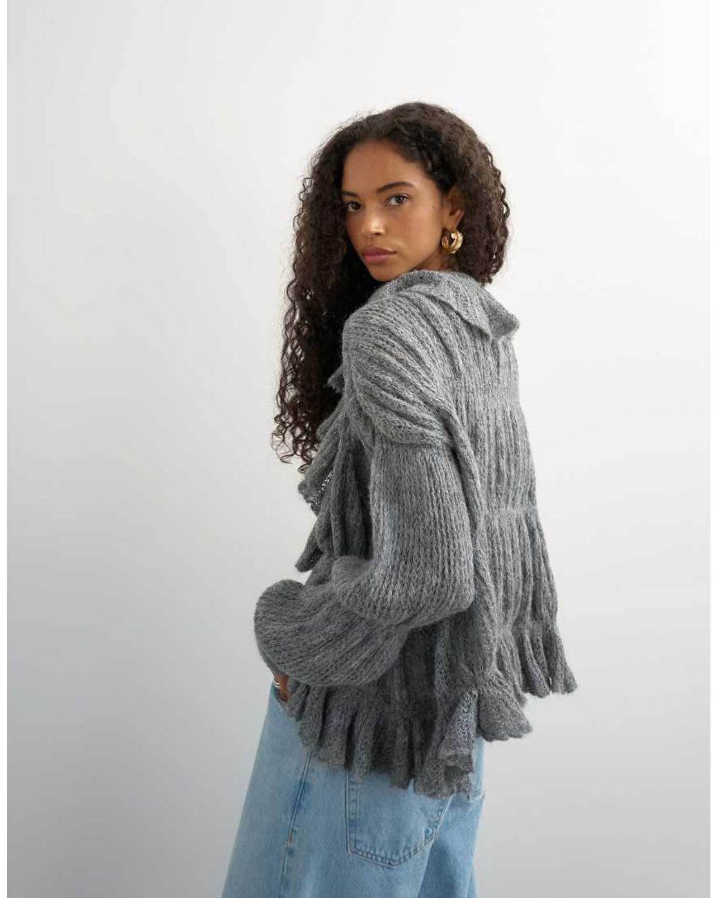 TOPSHOP Gray Knitted Frill Trim Hem Cardigan With Wool