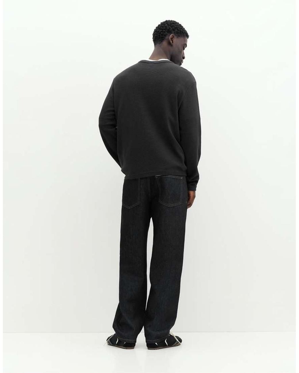 Pull&Bear Black Henley Waffle-knit Long Sleeve T-shirt for men