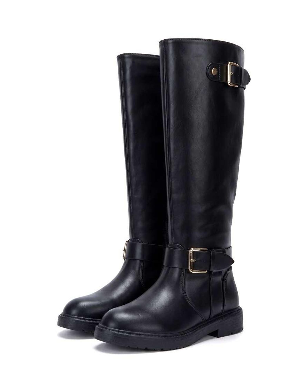 SEQWL Black Knee High Riding Boots With Double Buckles And Straps