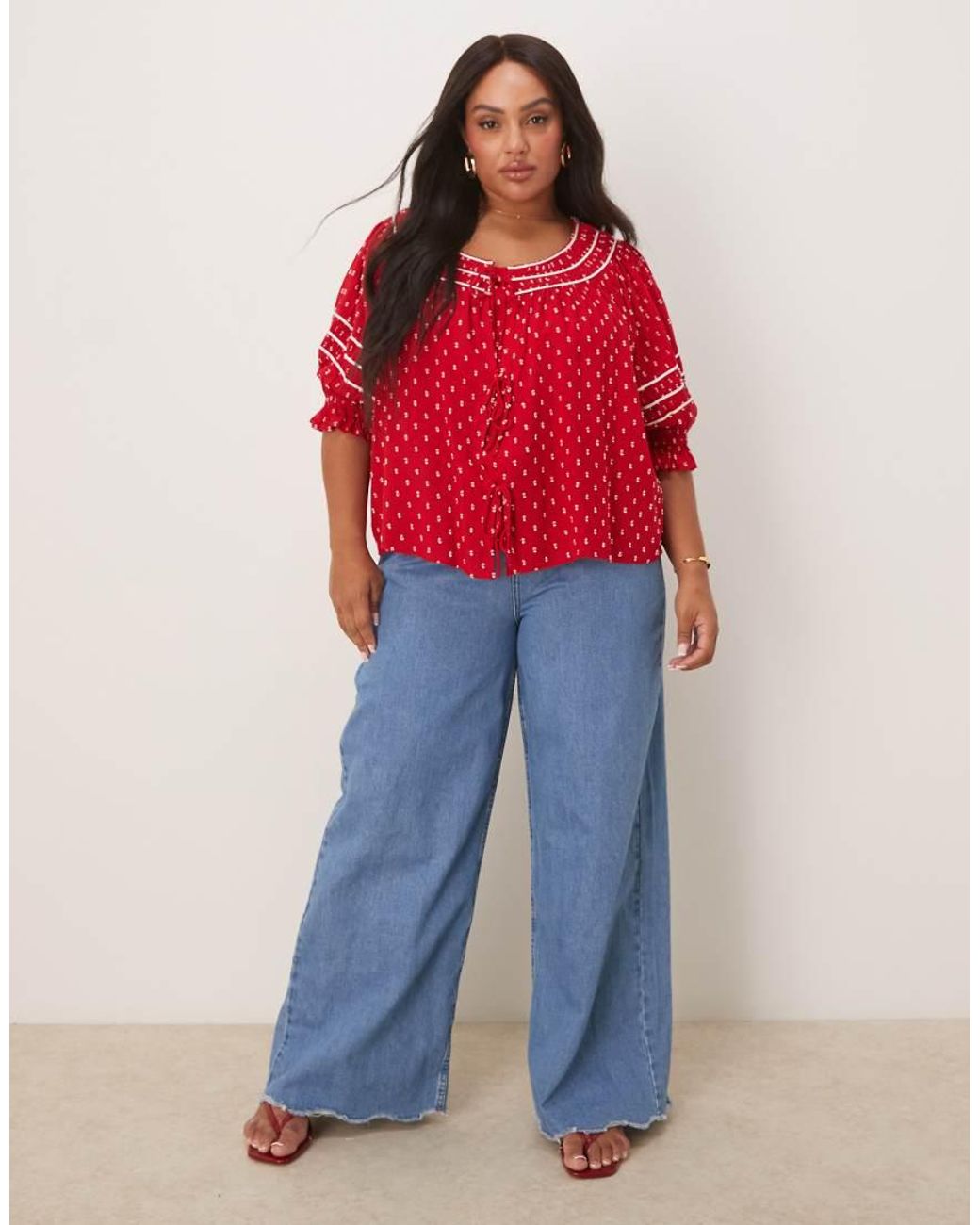 Nobody's Child Red Iris Puff Sleeve Tie-Detail Top