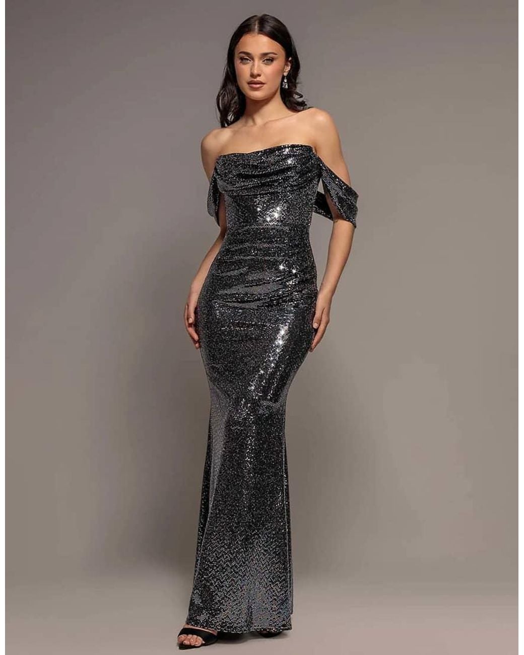 Goddiva Gray Sequin Sparkling Off Shoulder Cowl Bardot Maxi Dress