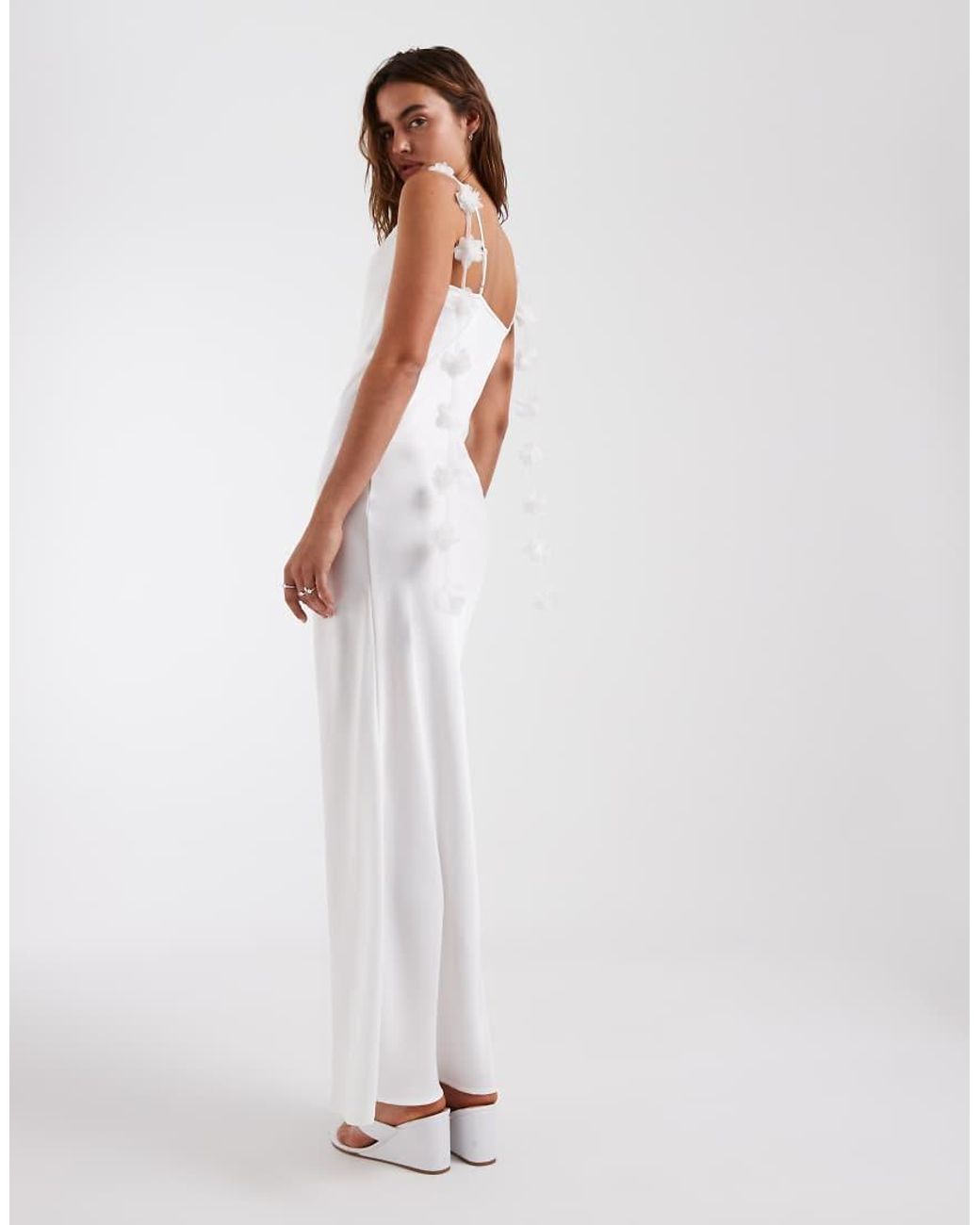 Vero Moda White Satin Cowl Neck Maxi Dress With 3d Floral Applique Trim