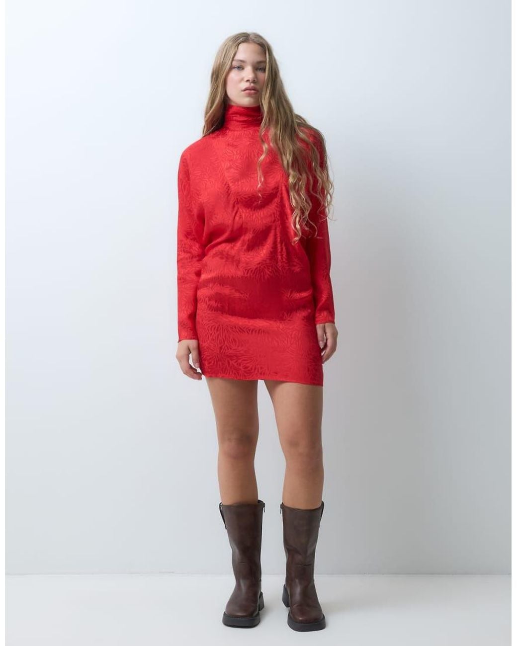 ASOS Red Asos Design Petite High Neck Batwing Satin Jacquard Mini Dress