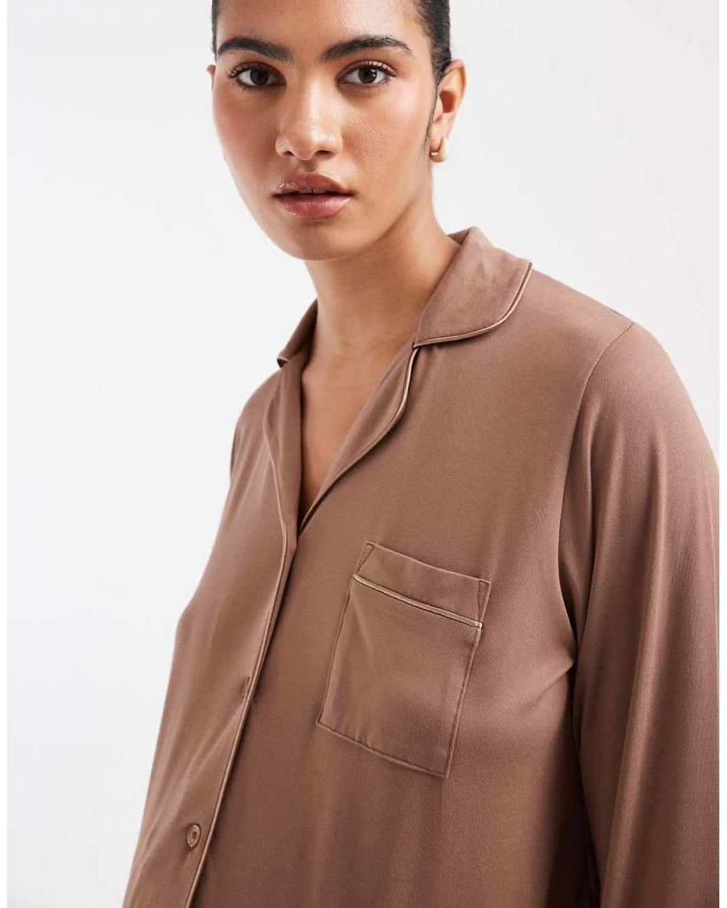 Loungeable Brown Maternity Super Soft Jersey Revere Top And Wide Leg Pyjama Set With Piping Detail