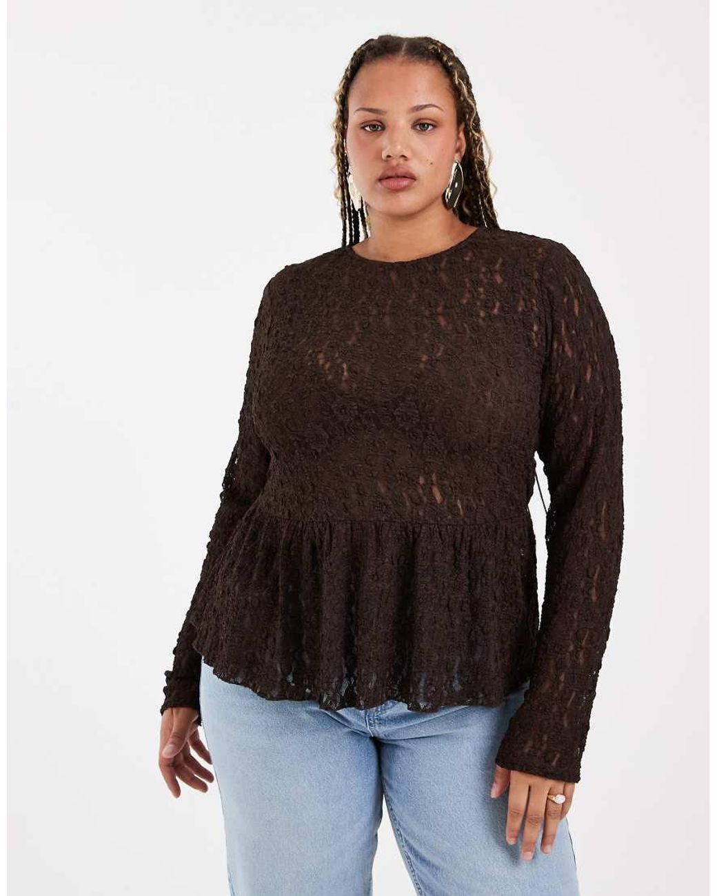 Vero Moda Brown Long Sleeve Textured Peplum Top