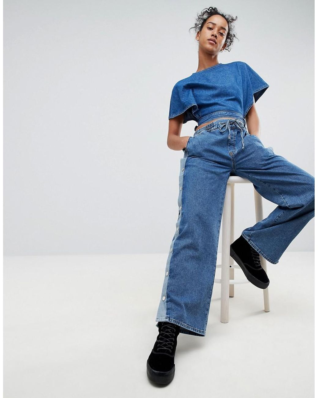 ASOS Pantalon de survêtement en jean avec boutons-pression sur le côté femme  de coloris bleu