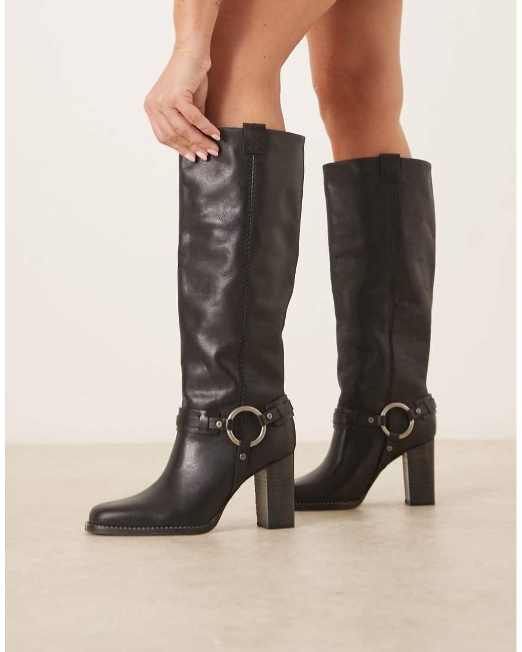 Free People Black Heidi Leather Harness Detail High Heel Boots