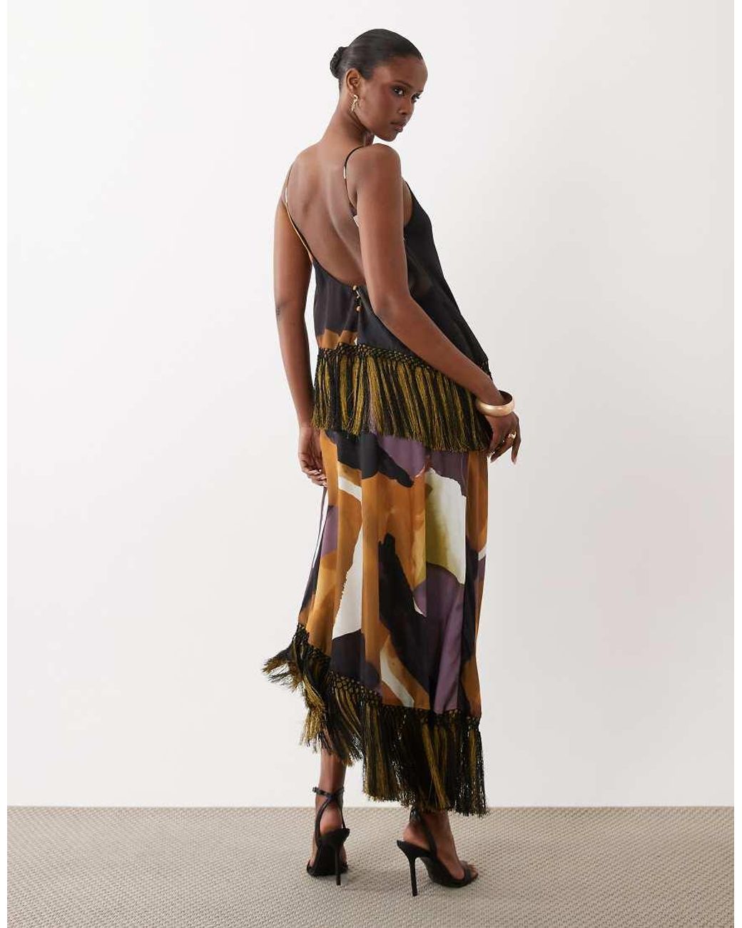 ASOS Multicolor Double Tier Layered Two Tone Fringe Satin Cami Maxi Dress