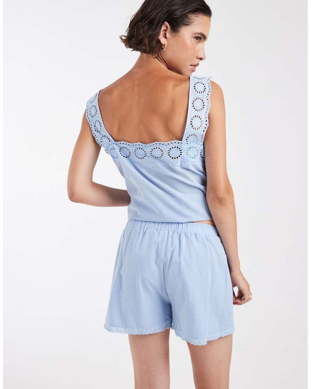 ASOS Blue Cotton Pull On Lace Trim Shorts Set