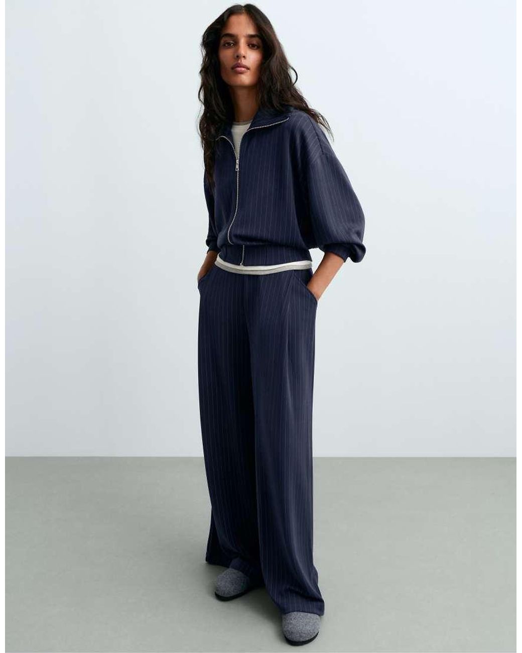 Oysho Blue Modal Pinstripe Wide-Leg Trousers