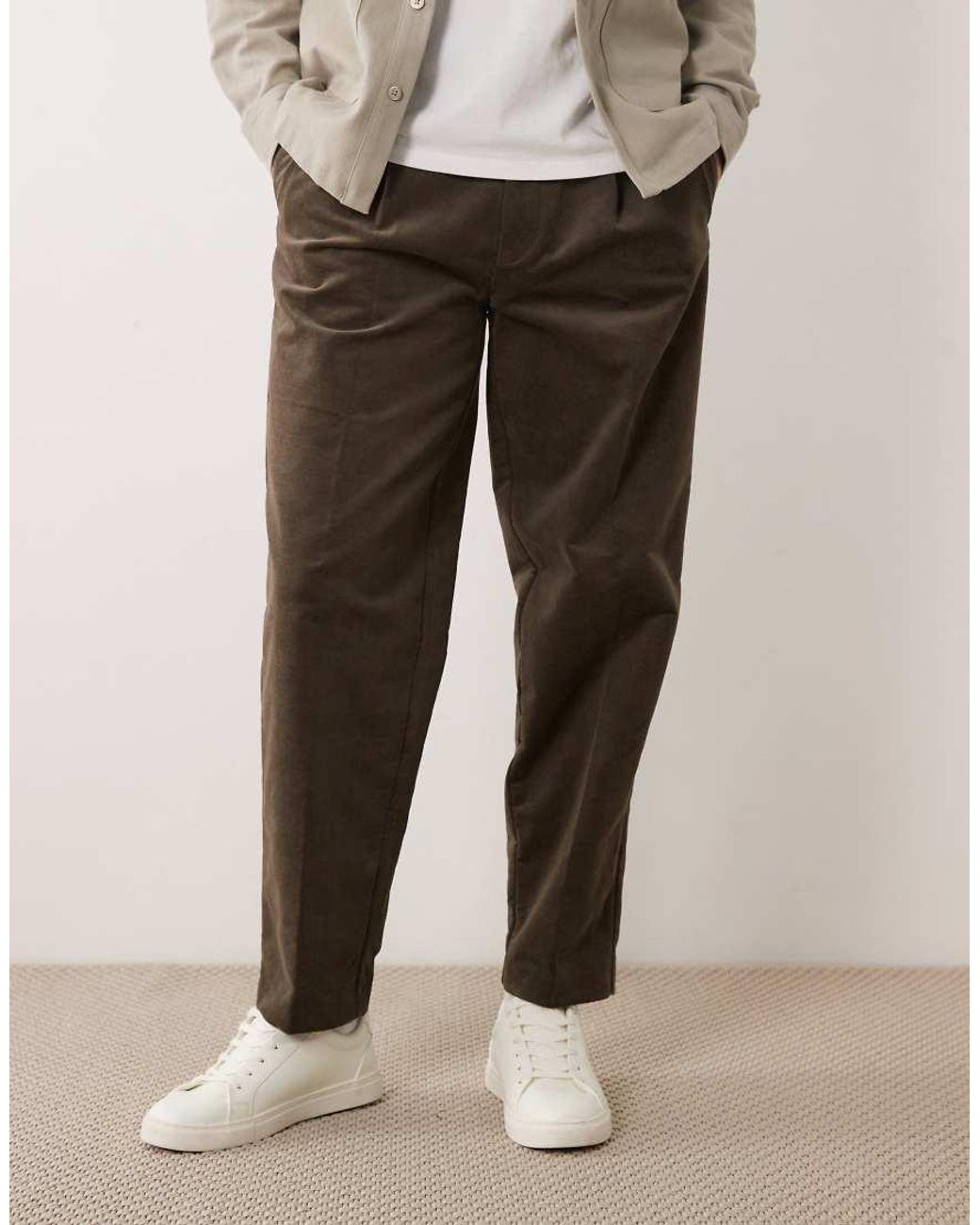 ASOS Natural Tailored Pleated Cotton Rich Oversized Tapered Trousers for men