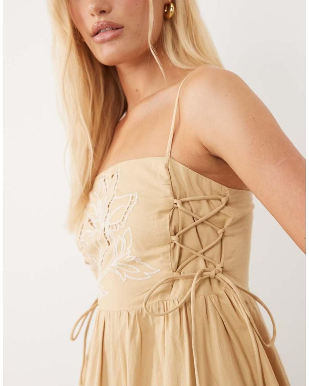 River Island Natural Tie Side Floral Embroidered Midi Dress