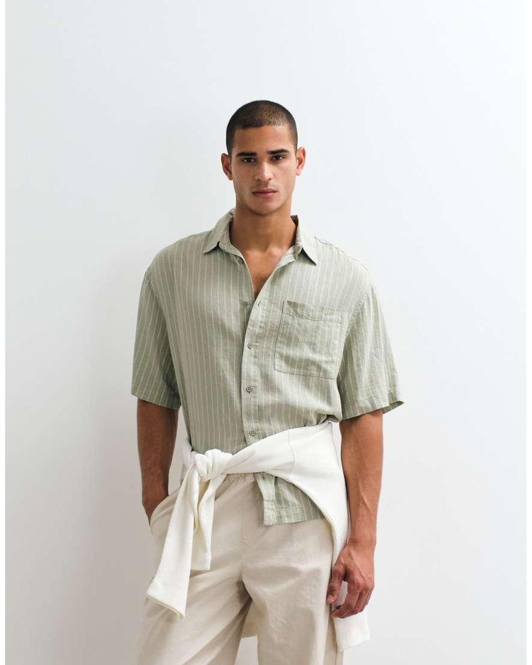 ASOS Green Oversized Linen Blend Stripe Shirt for men