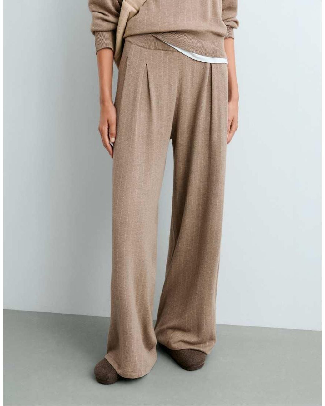 Oysho White Wide-leg Pinstripe Knit Trousers