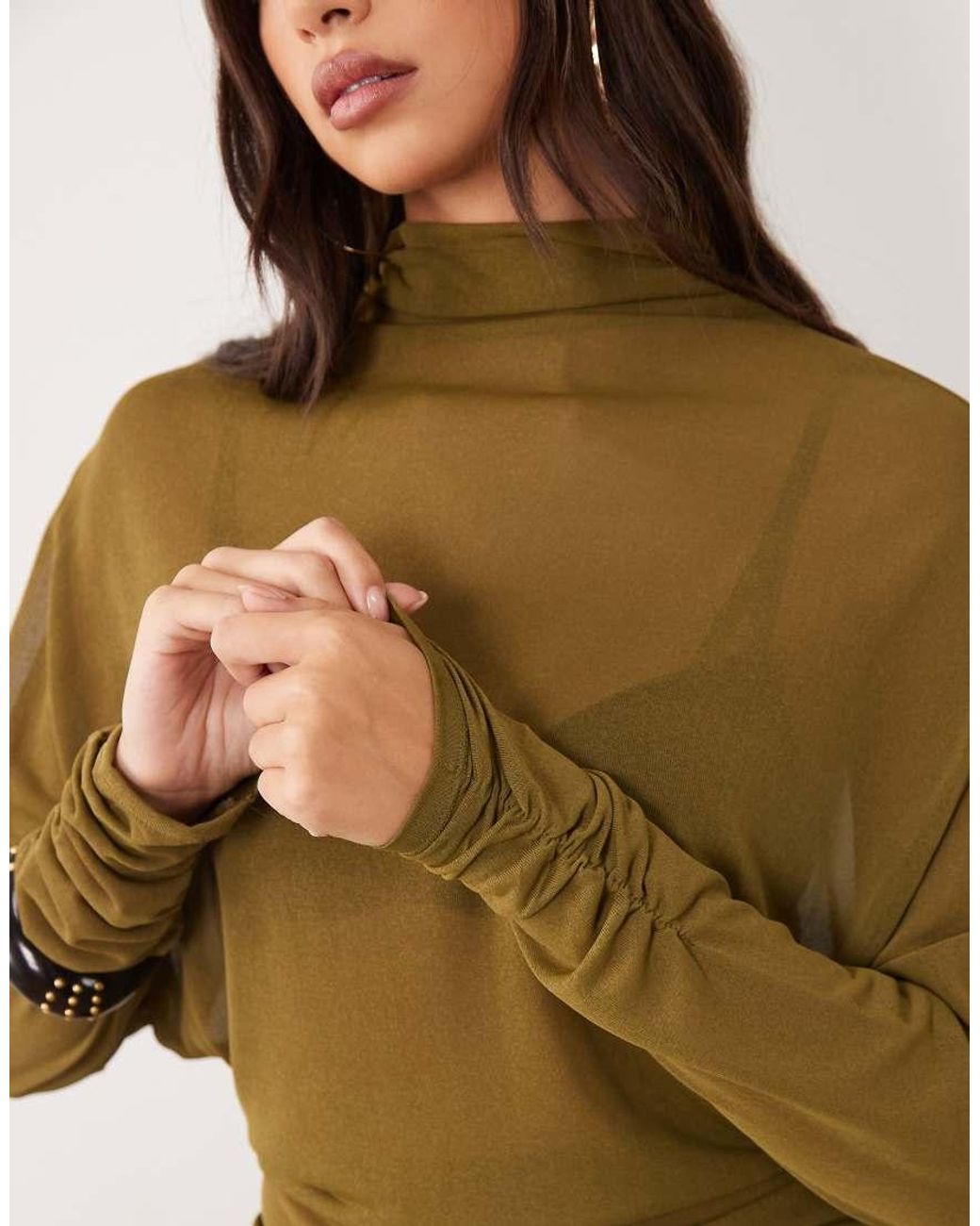 ASOS Brown Sheer Batwing High Neck Ruched Sleeve Top