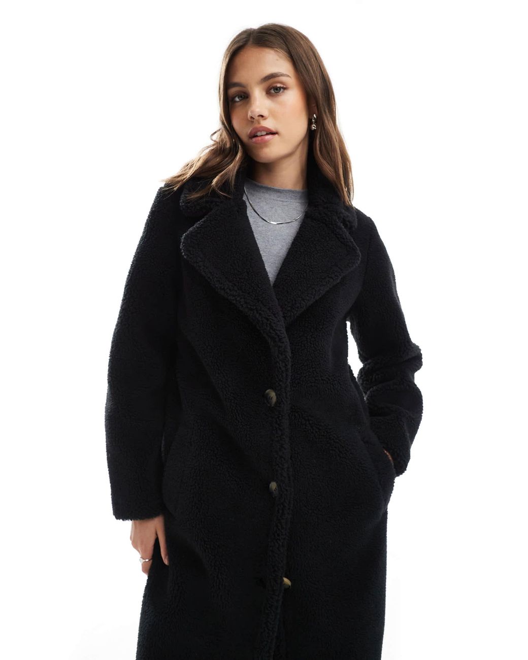 Threadbare Black Maxi Borg Coat