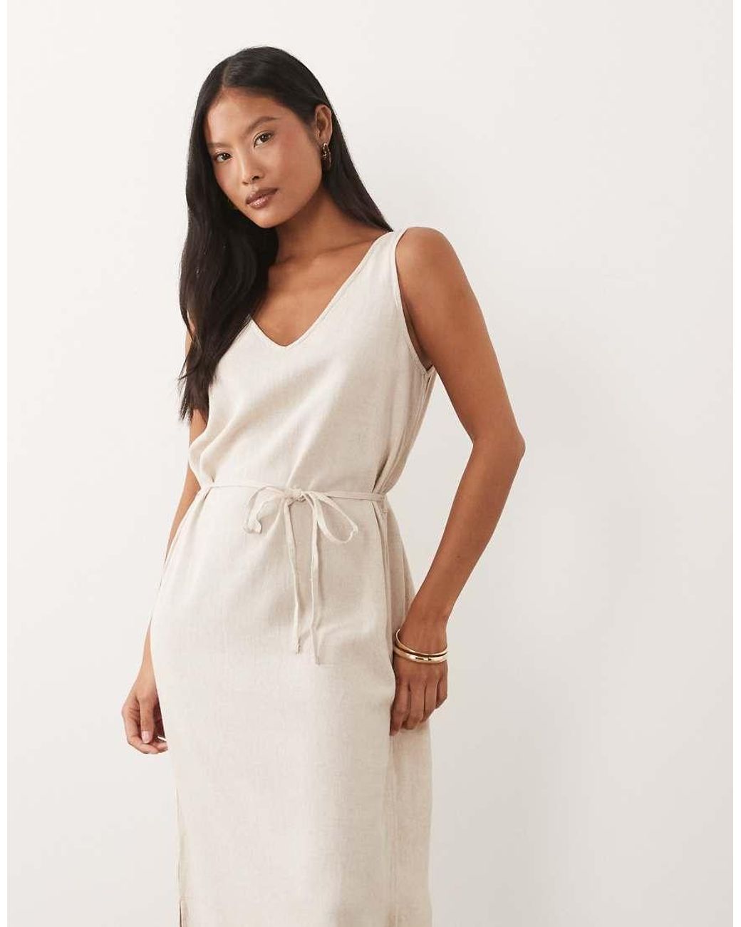 JDY Petite Natural Tie Waist Linen Blend Maxi Dress