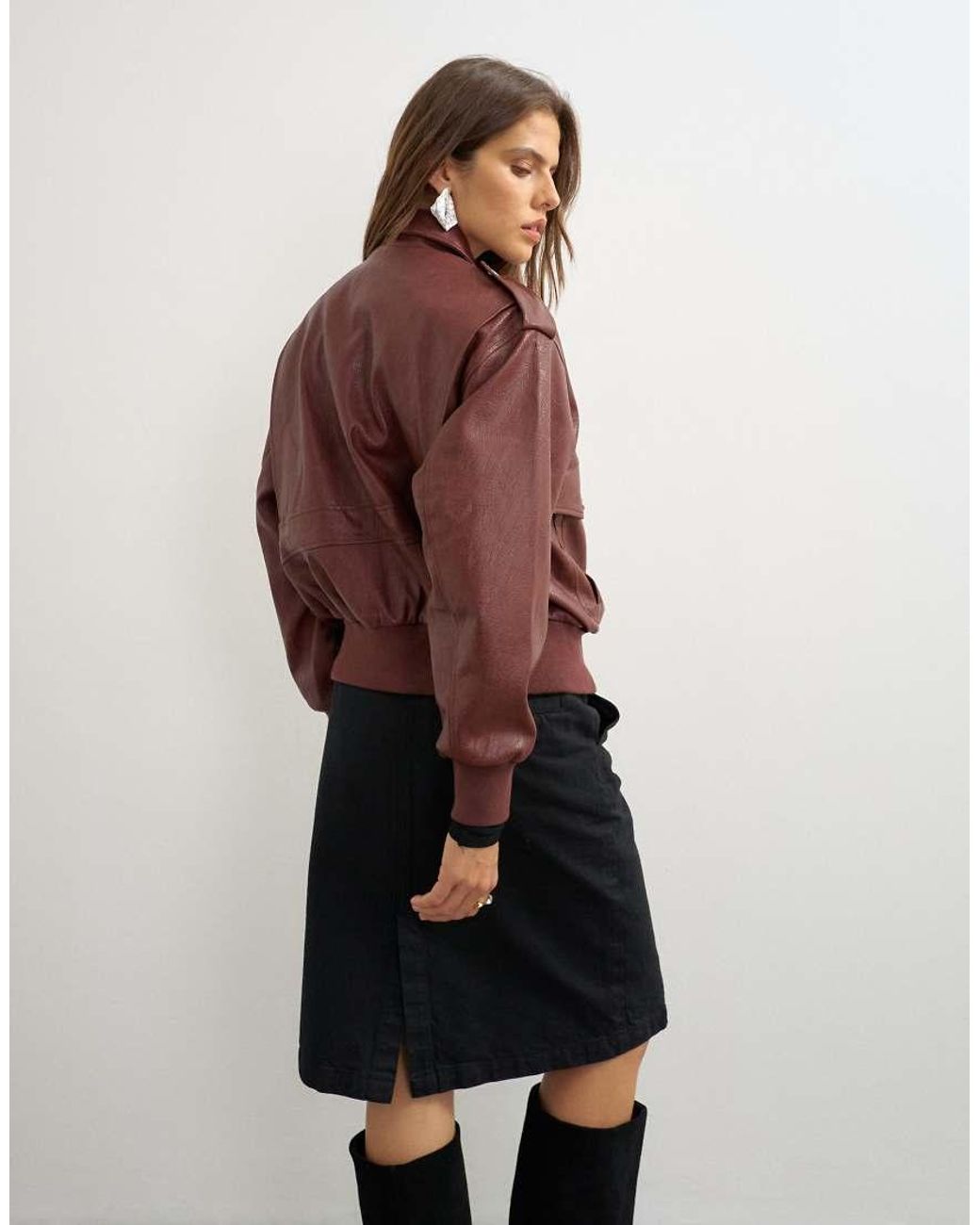 TOPSHOP Brown Oversized Faux Leather Bomber Jacket