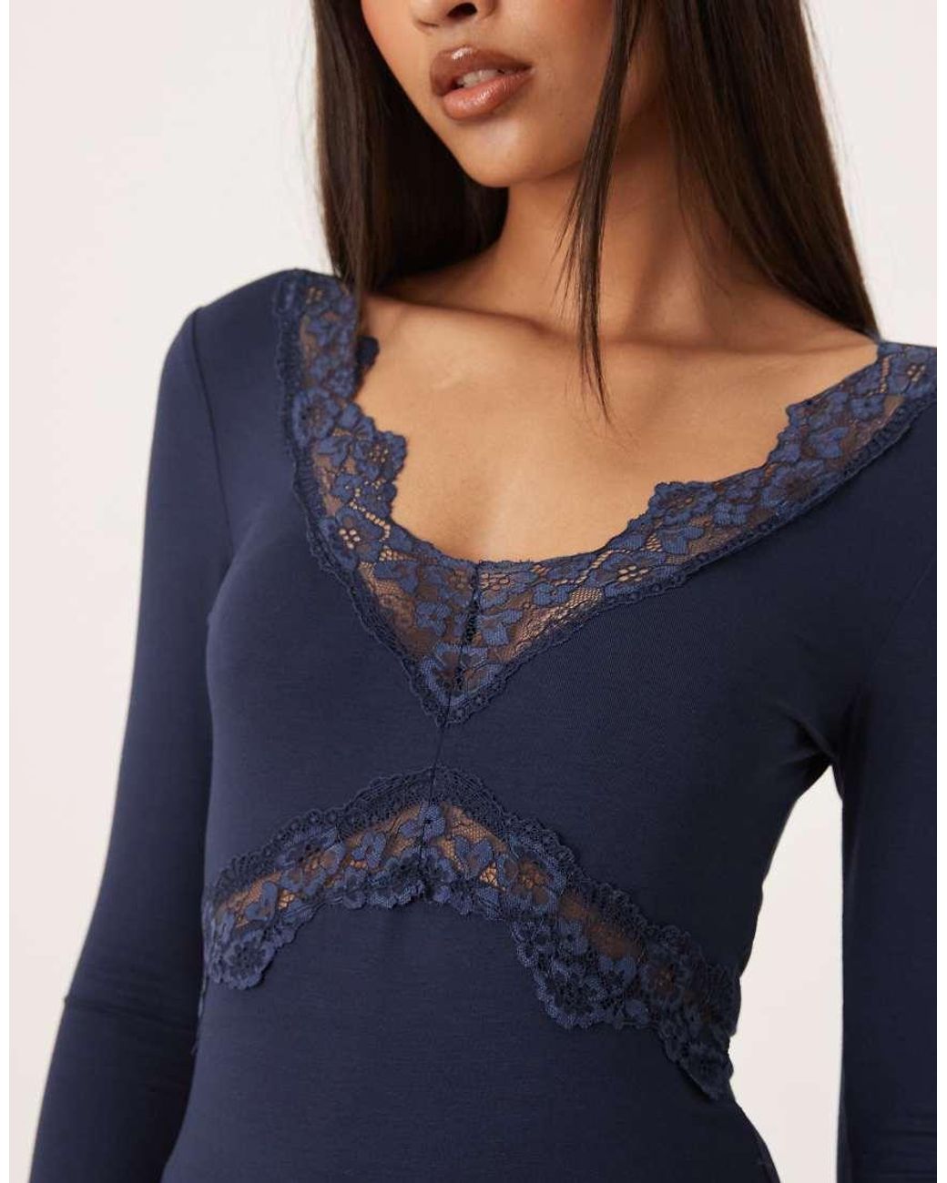 Gina Tricot Blue V Neck Lace Detail Long Sleeve Slim Fit Top