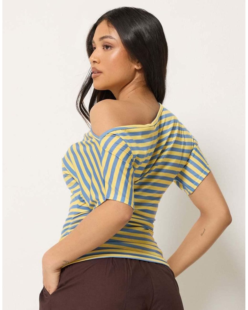 PixieGirl Green Petite Stripe Slash Neck Ruched T-Shirt