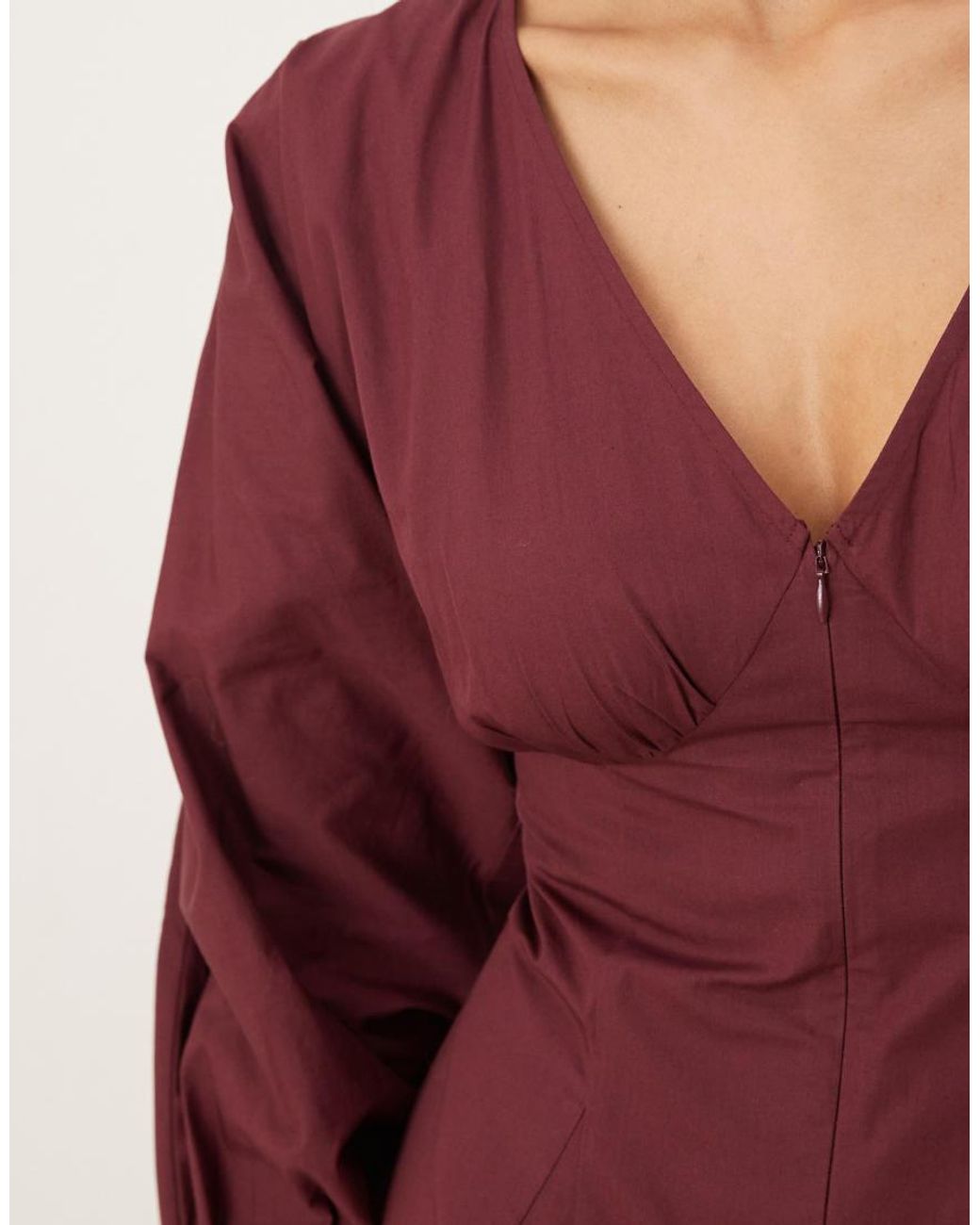 ASOS Red Long Sleeve V Neck Poplin Maxi Dress