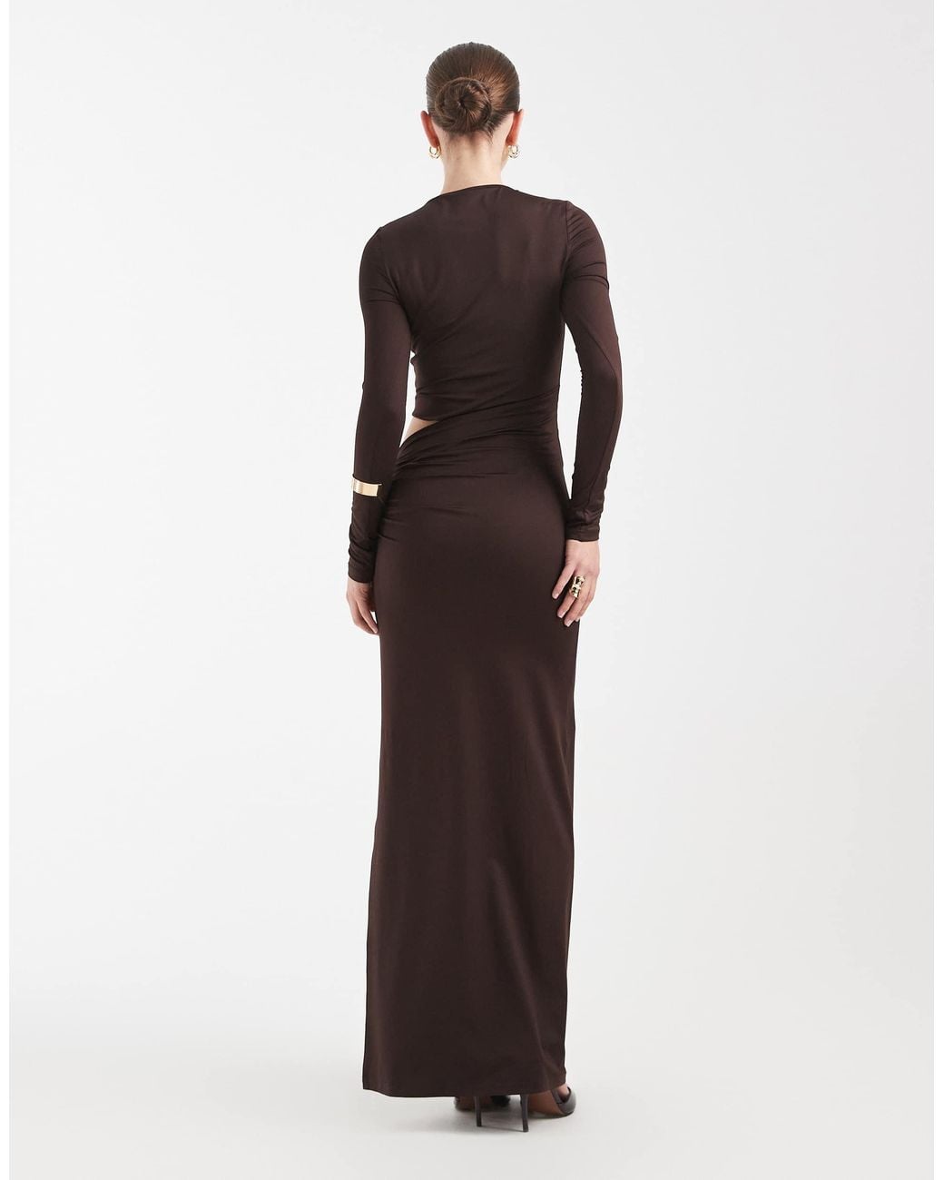 4th & Reckless White Slinky Long Sleeve Asymmetric Cut Out Detail Side Split Maxi Dress