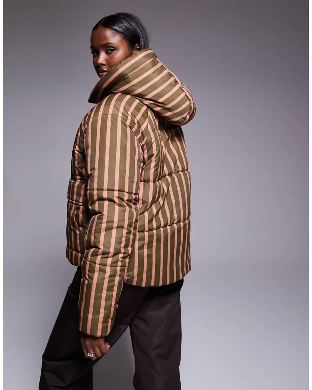 Threadbare Pink Ski Striped Puffer Coat With Hood