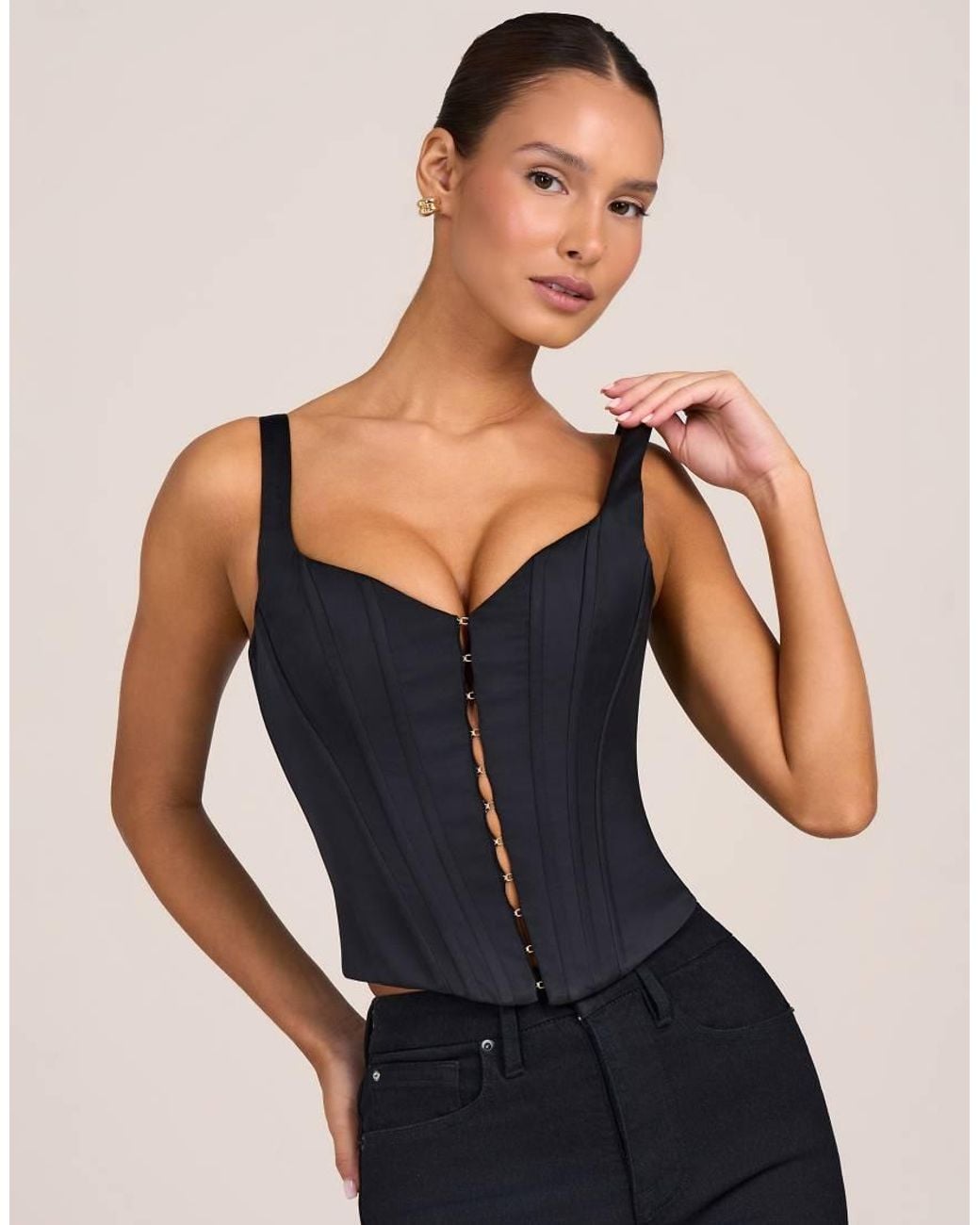 Oh Polly Blue Satin Scoop Neck Hook And Eye Corset Top Co-ord