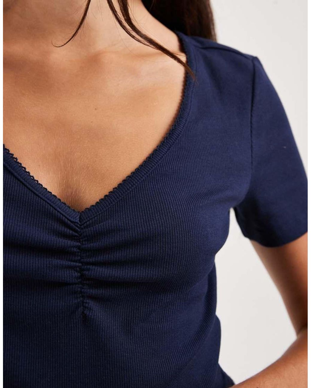 ONLY Blue Ruched Detailing Ribbed T-shirt