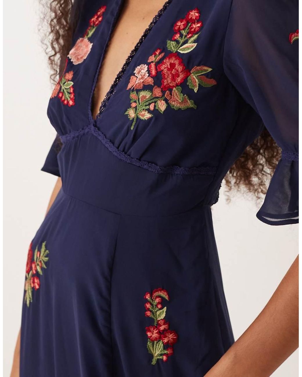Hope & Ivy Blue Embroidered V-Neck Maxi Dress With Open Back