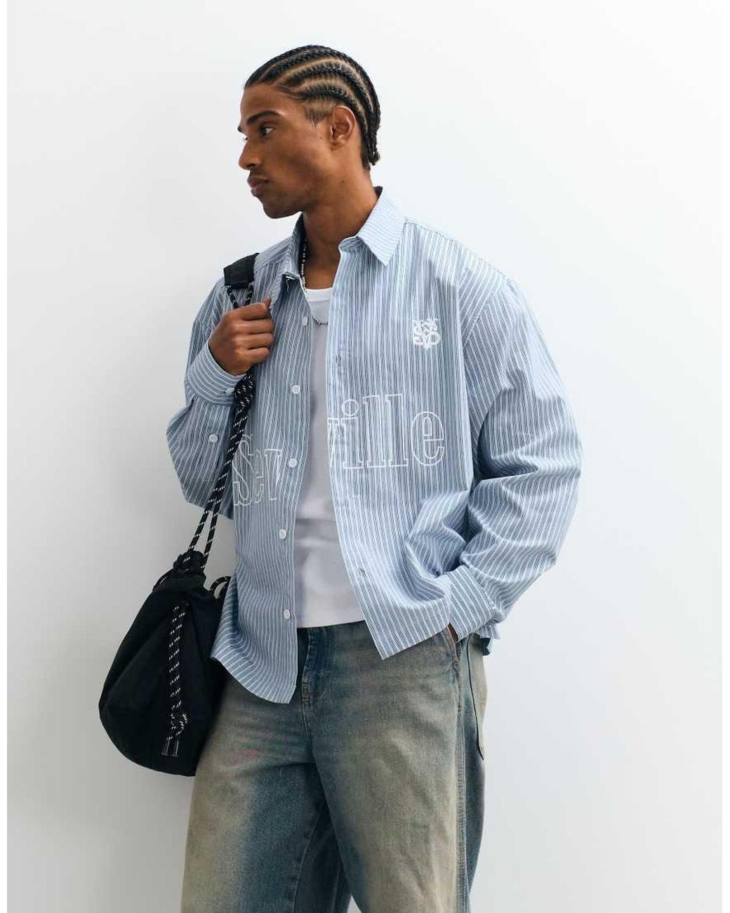 ASOS Blue Boxy Oversized Stripe Shirt With Front Print for men
