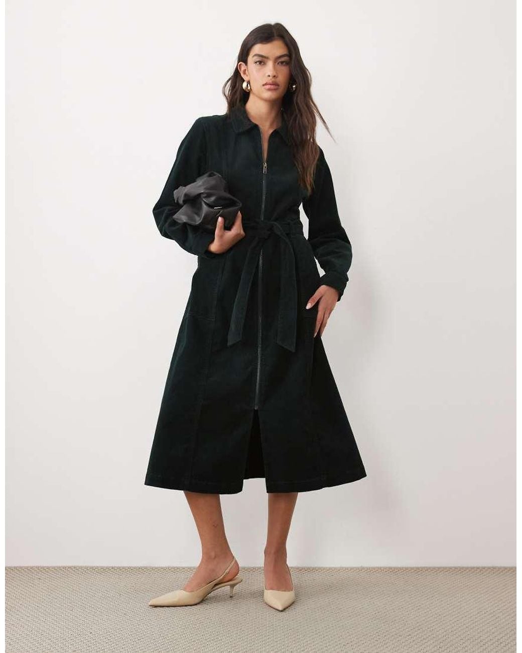 Nobody's Child Black Kai Cord Spread Collar Zip Down Belted Midi Dress