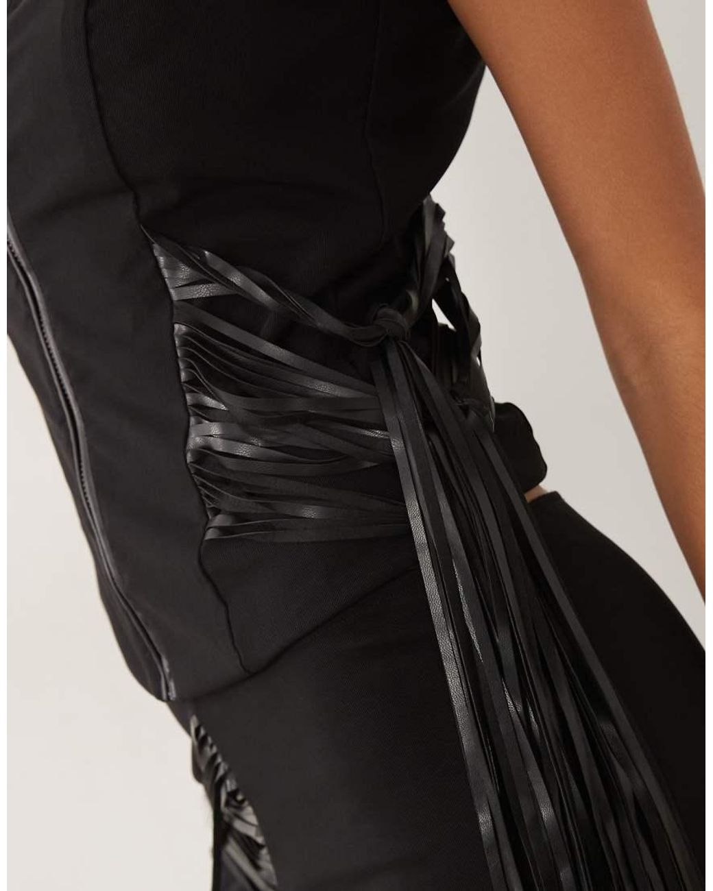 I.AM.GIA Black Iselda Sculpting Mesh Faux Leather Fringe Detail Zip Through Crop Top Co-Ord