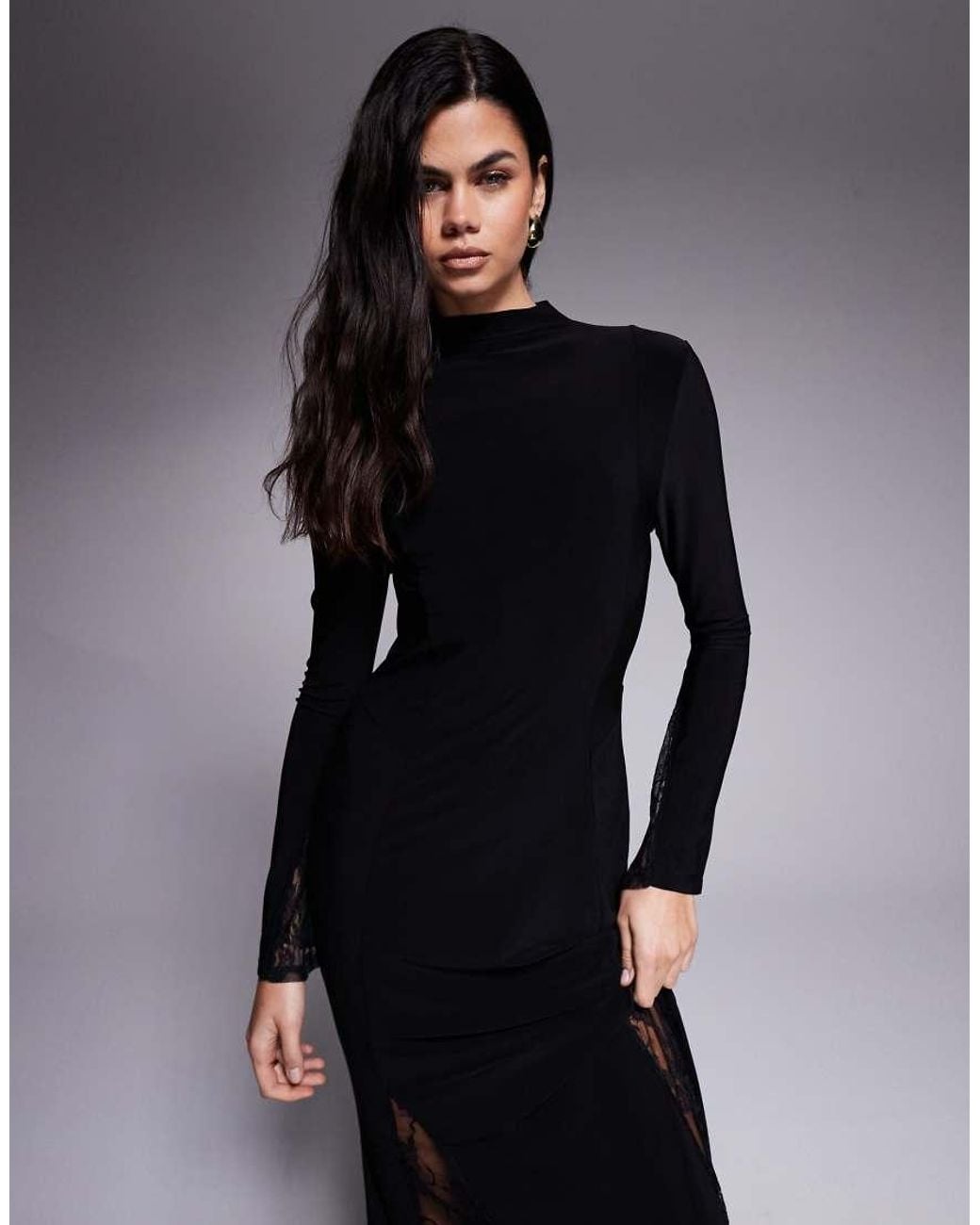 ASOS Blue Highneck Maxi Dress With Sheer Lace Godets And Layered Sleeve