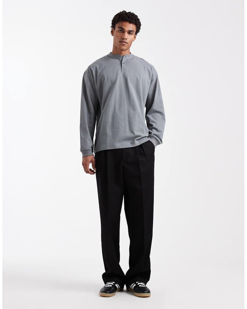 ASOS Oversized T-Shirt Van Zware Stof Met Lange Mouwen En Henley-Hals in het Gray voor heren