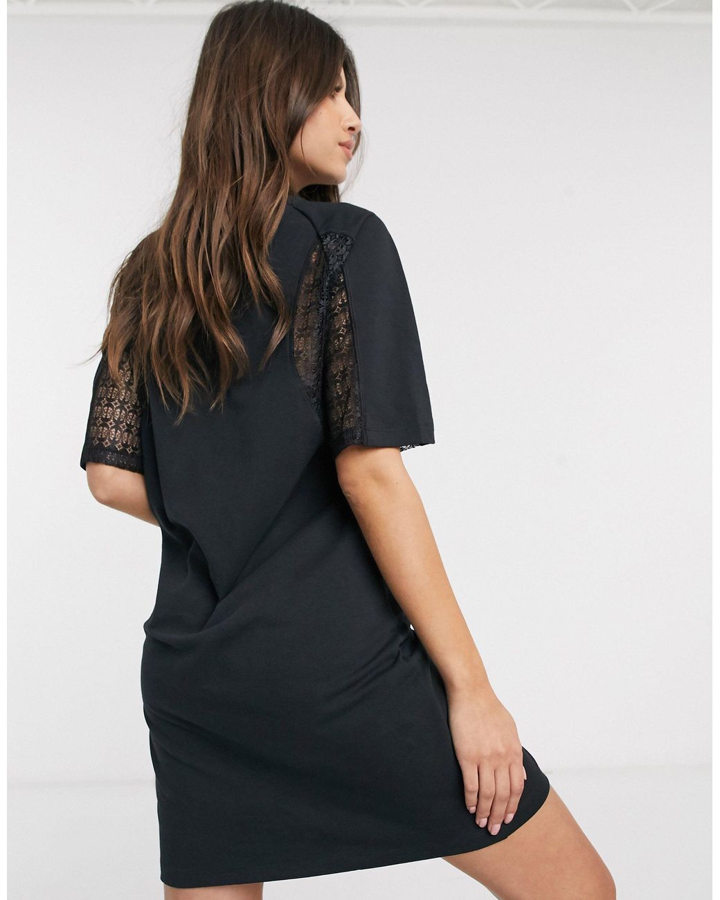 adidas Originals Bellista Lace Insert T-shirt Dress in Black | Lyst