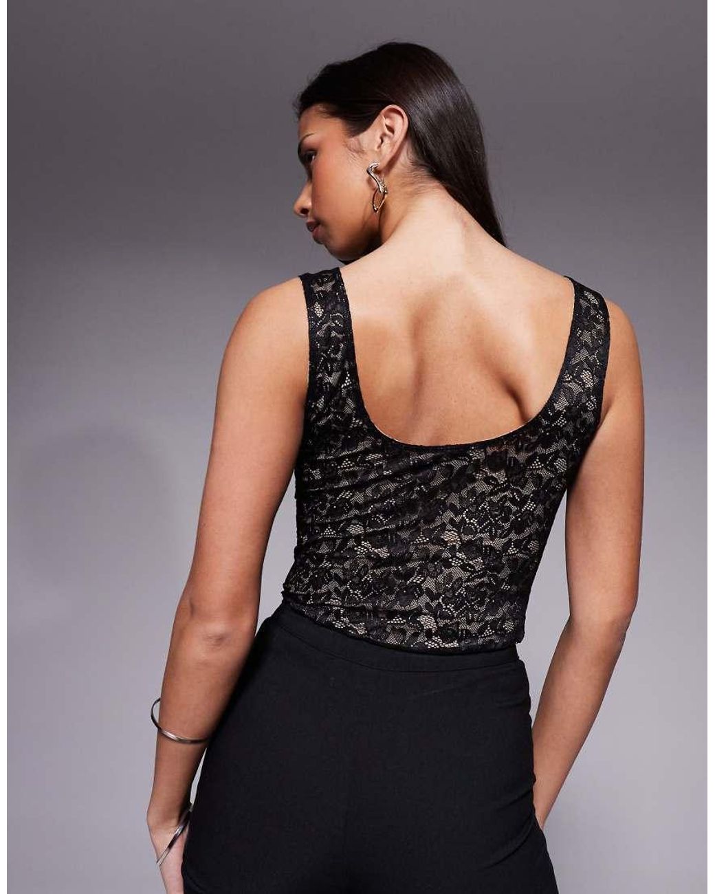 GOOD AMERICAN Kanten Tanktop Met Stretch En Lage Ronde Hals in het Black