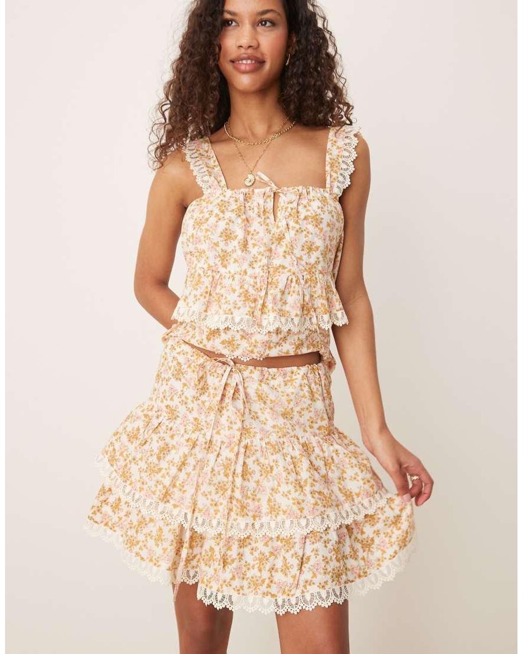 ASOS Natural Tiered Mini Skirt With Embroidered Hem Co-ord