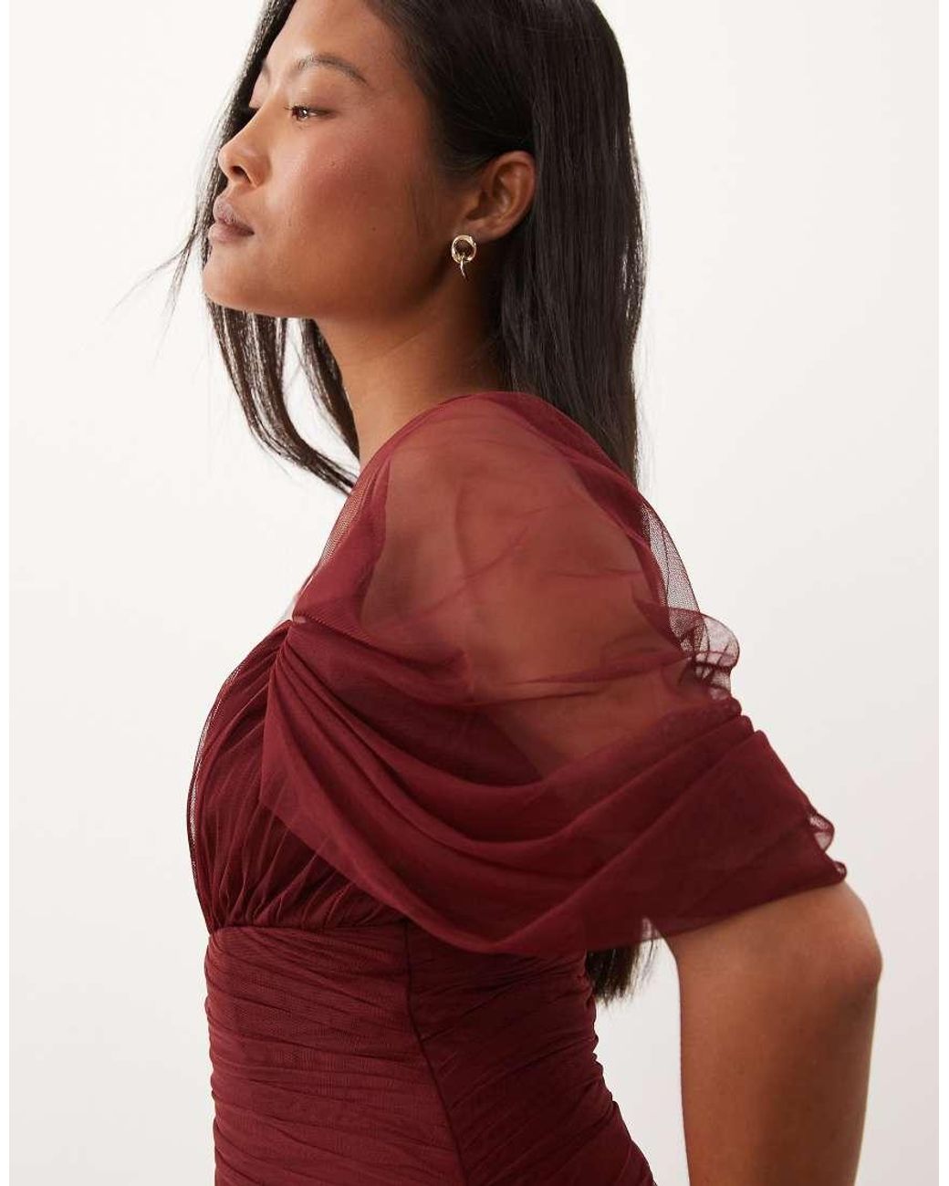 LACE & BEADS Red Tulle Fallen Shoulder Asymmetric Ruffle Detail Maxi Dress