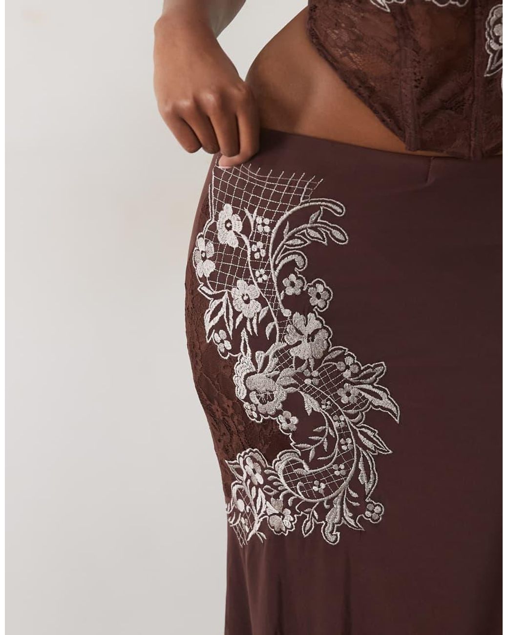 ASOS Brown Co-ord Mesh Embroidered Maxi Skirt