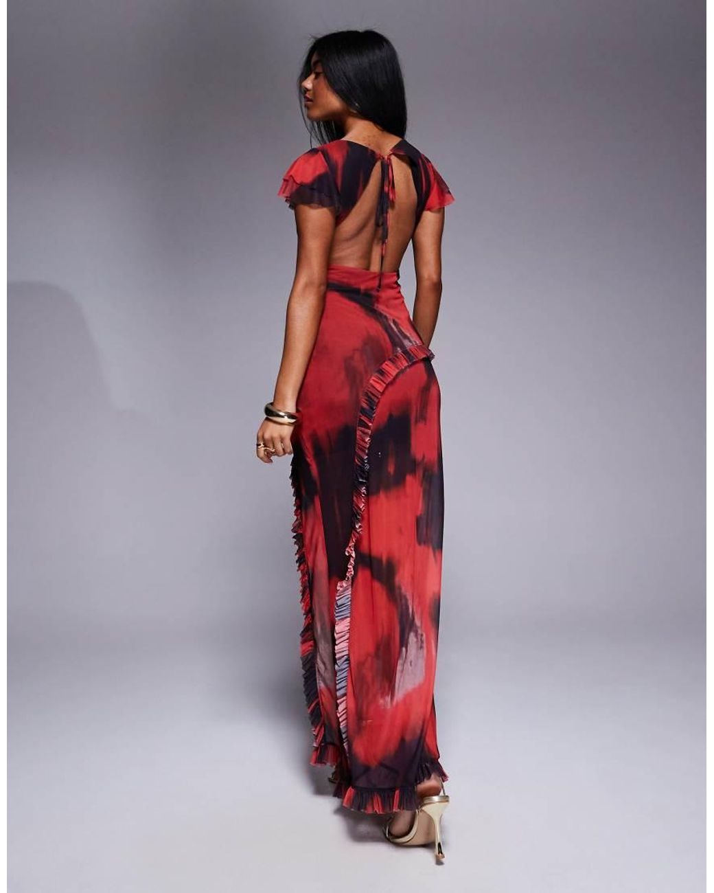 ASOS Red Slash Neck Maxi Dress With Ruffle Sleeve And Frill Detail