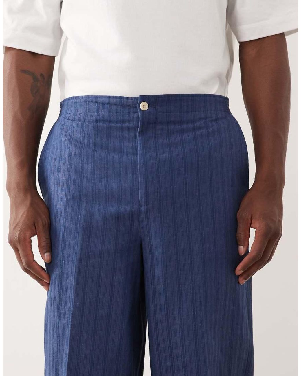 ASOS Blue Linen Blend Oversized Tapered Suit Pants for men